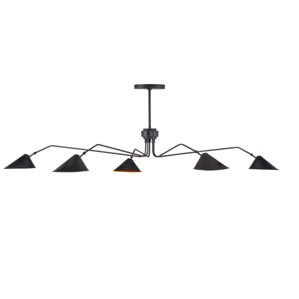 Serpa Black Chandelier: Vintage Mid-Century Modern Wrought Iron Fixture with Gold Leaf Shades, 5 Lights