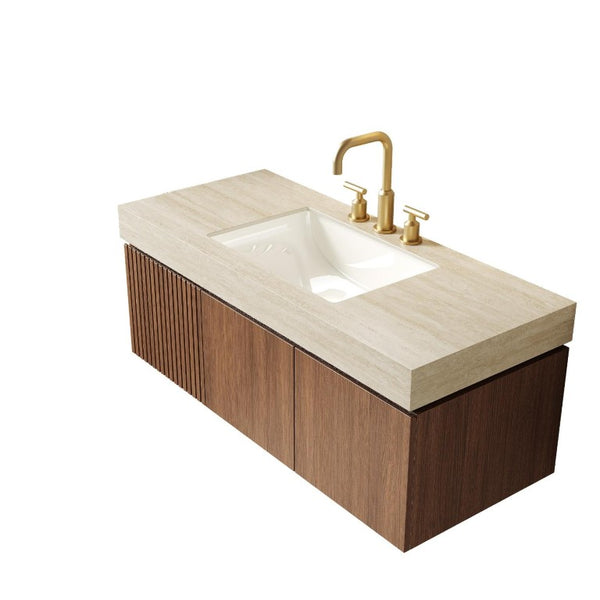 48 Inch Floating Bathroom Vanity in Brown Wood with Double Doors and White Basin