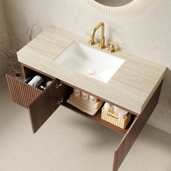 48 Inch Floating Bathroom Vanity in Brown Wood with Double Doors and White Basin