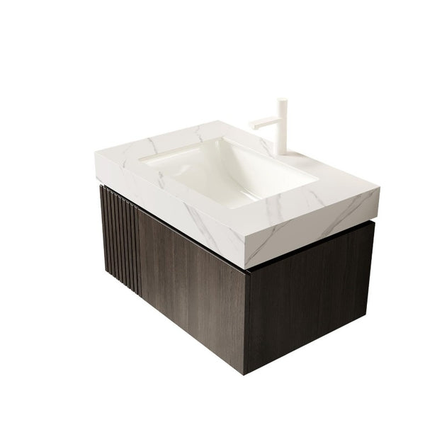 30 Inch Floating Bathroom Vanity in Warm Brown Wood Finish with Integrated White Basin