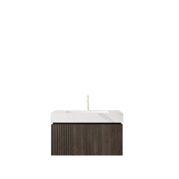 HomeRoots 30 Inch Floating Bathroom Vanity in Warm Brown Wood Finish with Integrated White Basin 766940