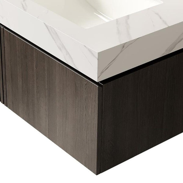 30 Inch Floating Bathroom Vanity in Warm Brown Wood Finish with Integrated White Basin