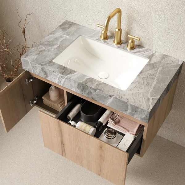 HomeRoots 36 Inch Floating Brown Wood Single Door Bathroom Vanity Cabinet with White Basin 766950