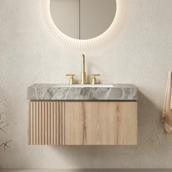 36 Inch Floating Brown Wood Single Door Bathroom Vanity Cabinet with White Basin