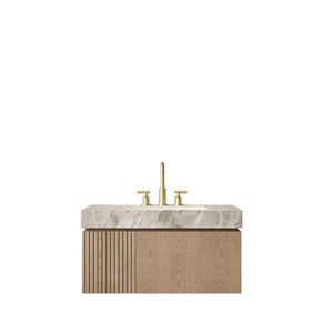 36 Inch Brown Wood Floating Bathroom Vanity with Single Door and White Ceramic Sink