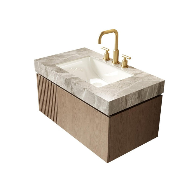 HomeRoots 36 Inch Brown Wood Floating Bathroom Vanity with Single Door and White Ceramic Sink 766965
