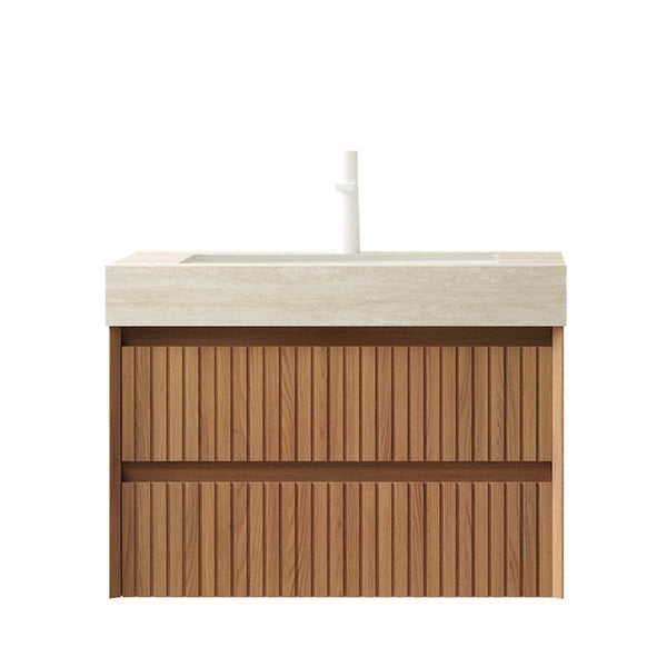 30 Inch Floating Bathroom Vanity Brown Wood Cabinet with Integrated Sink Two Drawers