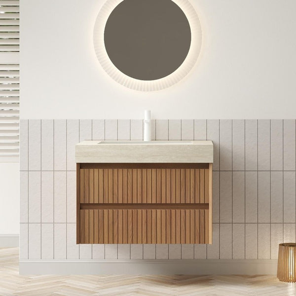30 Inch Floating Bathroom Vanity Brown Wood Cabinet with Integrated Sink Two Drawers