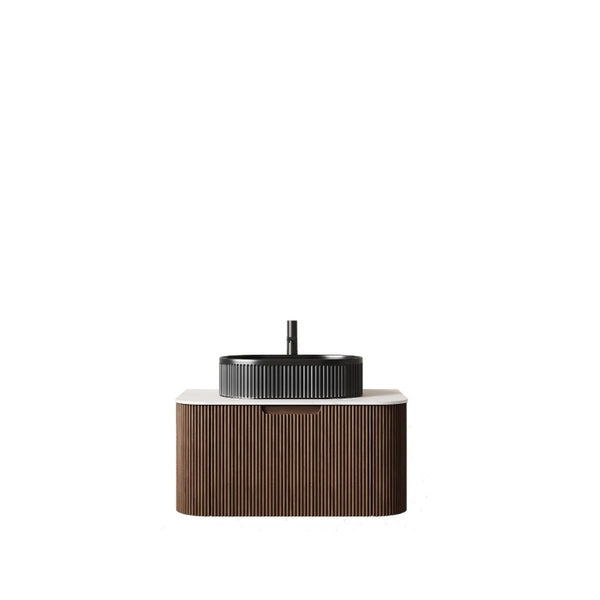 HomeRoots 30 Inch Floating Wood Bathroom Vanity with Integrated Matte Black Basin Storage 766974
