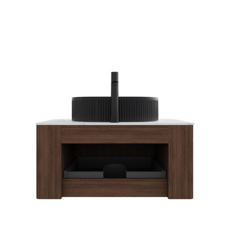 HomeRoots 30 Inch Floating Wood Bathroom Vanity with Integrated Matte Black Basin Storage 766974