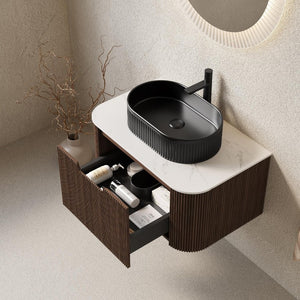 30 Inch Floating Wood Bathroom Vanity with Integrated Matte Black Basin Storage
