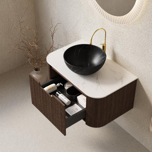 HomeRoots 30 Inch Wall Mounted Wood Bathroom Vanity with Integrated Matte Black Basin 766975