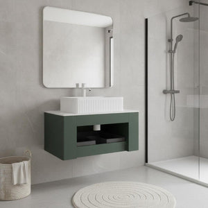 30 Inch Green Wood Floating Bathroom Vanity Cabinet with Integrated White Ceramic Basin