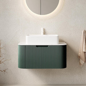 30 Inch Green Wood Floating Bathroom Vanity Cabinet with Integrated White Ceramic Basin