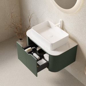 30 Inch Green Wood Floating Bathroom Vanity Cabinet with Integrated White Ceramic Basin