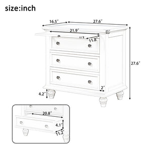 English Elm U_style Minimalist 3 Drawer Nightstand with Pull Out Tray Rubberwood Legs Bedroom Storage White WF319367AAK