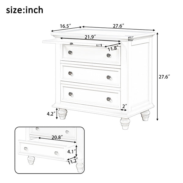 English Elm U_style Minimalist 3 Drawer Nightstand with Pull Out Tray Rubberwood Legs Bedroom Storage White WF319367AAK