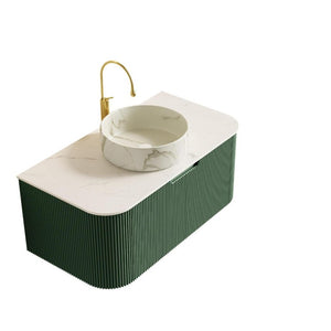 HomeRoots 36 Inch Green Wood Floating Bathroom Vanity Cabinet with Integrated White Sink Basin 766989