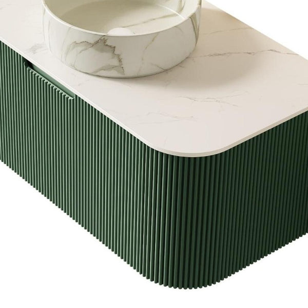 36 Inch Green Wood Floating Bathroom Vanity Cabinet with Integrated White Sink Basin