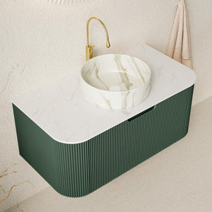 36 Inch Green Wood Floating Bathroom Vanity Cabinet with Integrated White Sink Basin