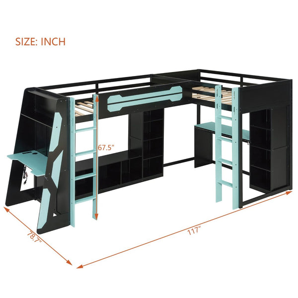 English Elm L-shaped Gaming Loft Bunk Bed Twin Wood Frame Rgb Lighting Usb Ports Storage Shelves Blue LT000295AAC