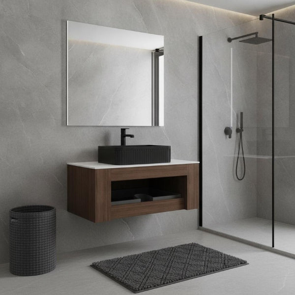 36 Inch Wall Mounted Wood Bathroom Vanity with Integrated Matte Black Basin Storage