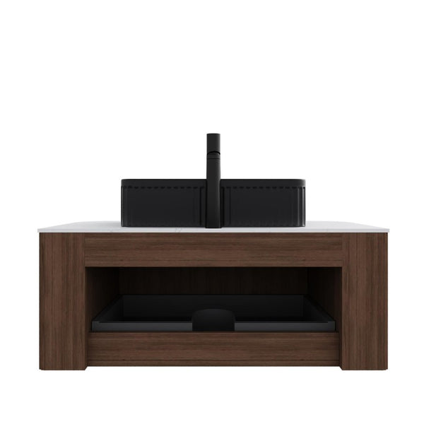 HomeRoots 36 Inch Wall Mounted Wood Bathroom Vanity with Integrated Matte Black Basin Storage 766997