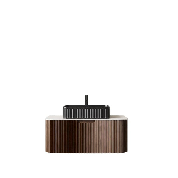 36 Inch Wall Mounted Wood Bathroom Vanity with Integrated Matte Black Basin Storage