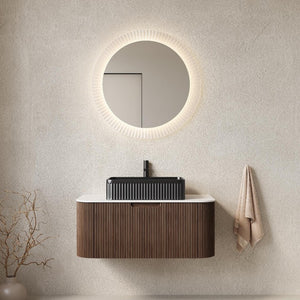 36 Inch Wall Mounted Wood Bathroom Vanity with Integrated Matte Black Basin Storage