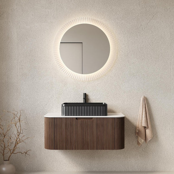 36 Inch Wall Mounted Wood Bathroom Vanity with Integrated Matte Black Basin Storage