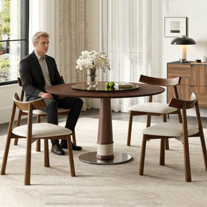 English Elm Retractable Rock Slab Dining Set with Leather Wrapped Base for Compact Apartments W2700S00133