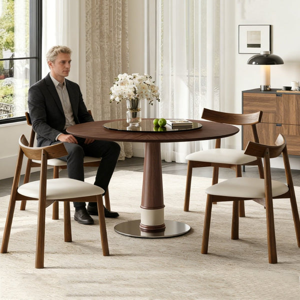 English Elm Retractable Rock Slab Dining Set with Leather Wrapped Base for Compact Apartments W2700S00133