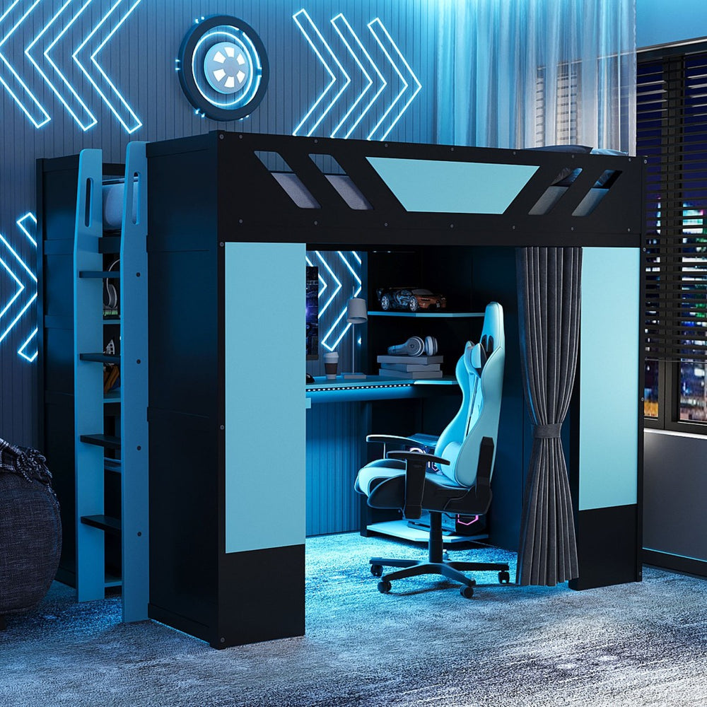 English Elm Full Size Loft Bed with Desk Blackout Curtains Rgb Lighting and Integrated Storage Black+Blue LT000377AAC