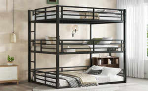 English Elm Queen Metal Triple Bunk Bed - Space-Saving Design With Safety Guardrails & Noise Reduction, Black Finish W1580S00176-GIGA