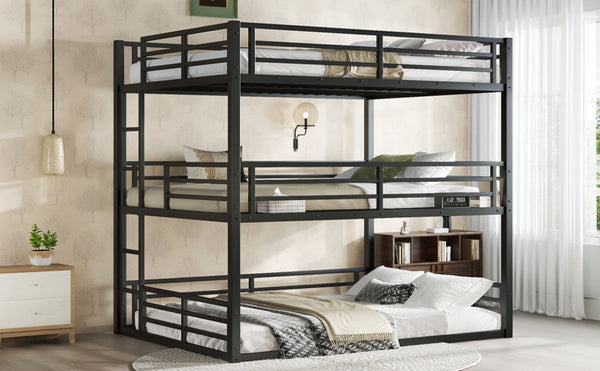 English Elm Queen Metal Triple Bunk Bed - Space-Saving Design With Safety Guardrails & Noise Reduction, Black Finish W1580S00176-GIGA