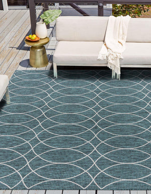 Unique Loom Outdoor Trellis Gitter Machine Made Trellis Rug Teal, Ivory/Gray 10' 0" x 10' 0"