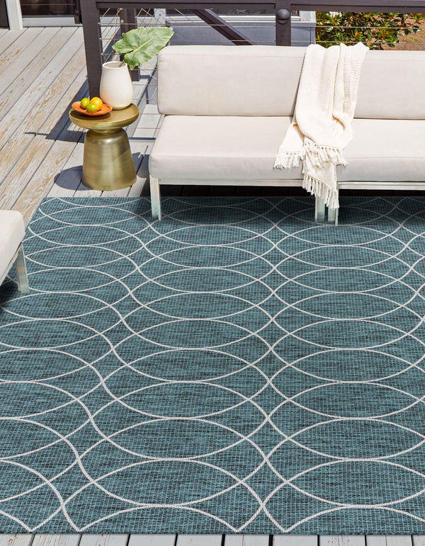 Unique Loom Outdoor Trellis Gitter Machine Made Trellis Rug Teal, Ivory/Gray 10' 0" x 10' 0"