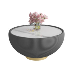 English Elm Light Round Sintered Stone Coffee Table with Leather Base and Brass Accents Modern W3081P309607