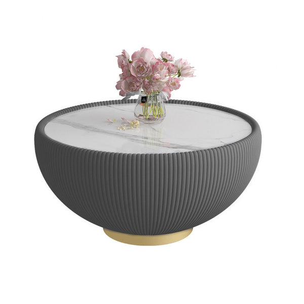 English Elm Light Round Sintered Stone Coffee Table with Leather Base and Brass Accents Modern W3081P309607