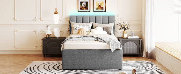 English Elm Teddy Twin Upholstered Platform Bed with Trundle, LED Smart Lighting, Plush Fleece, Sturdy Design Gray SF000055AAE