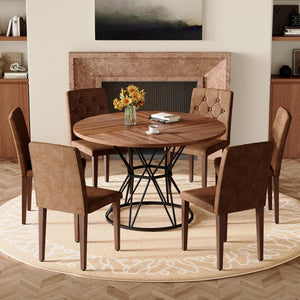 English Elm Table and Chair Set Walnut Round 47 Inch Seats 6 with Tufted Suede Dining Chairs W1151S04854