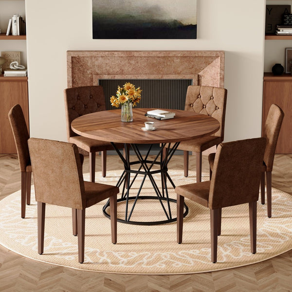 English Elm Table and Chair Set Walnut Round 47 Inch Seats 6 with Tufted Suede Dining Chairs W1151S04854