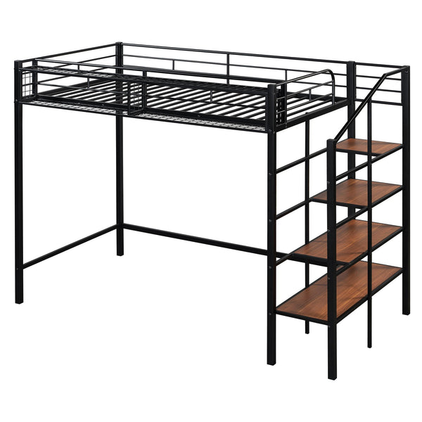English Elm Twin Metal Loft Bed with Upper Grid Storage Shelf and 4-Layer Ladder Shelves for Space Saving Black SF100081AAB