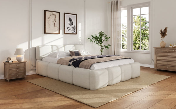 English Elm Queen Boucle Upholstered Platform Bed Low Profile Block Silhouette for Modern Bedroom N757P385459W