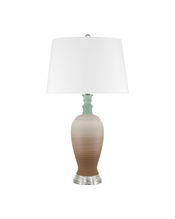 Currey & Company Happy 80's Retro Table Lamp With Earthy Brown & Pale Blue Striations, Unique Design & Crystal Finial Brown Porcelain ,Optic Crystal 6000-1024-currey-company