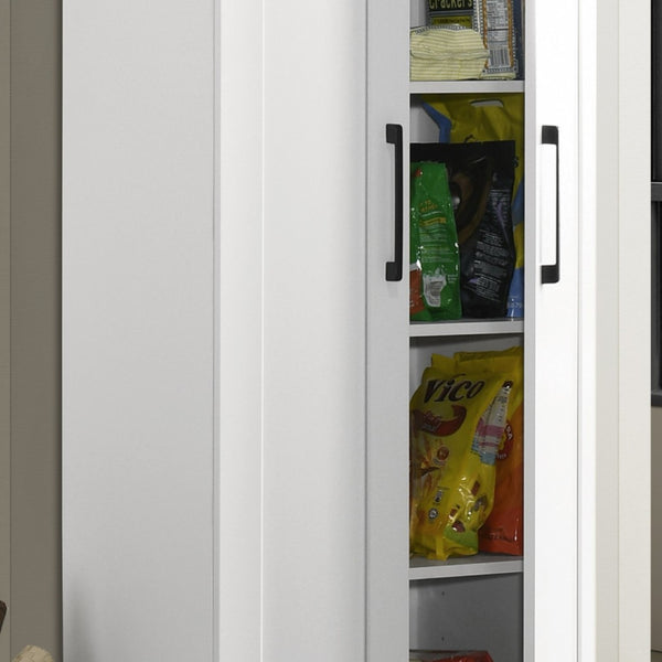 English Elm Evelina Tall White Storage Cabinet with Framed Panel Doors and Black Hardware Accents B2749P413239