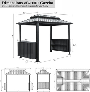 English Elm 6x10FT Hardtop Grill Gazebo with Double Galvanized Steel Roof, Ventilated Two-Tier Design & Storage Hooks Gray W1859S00115
