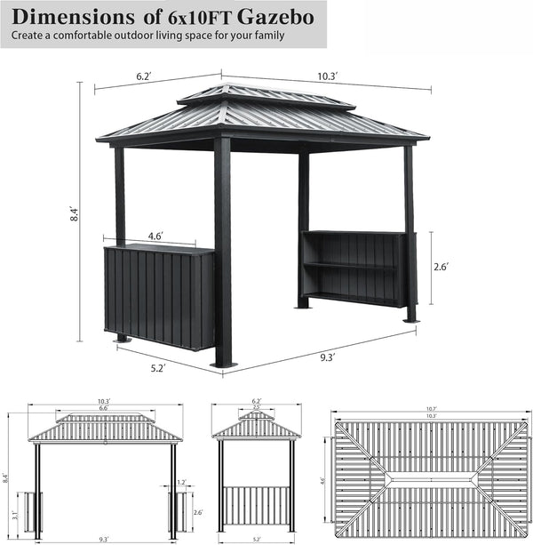 English Elm 6x10FT Hardtop Grill Gazebo with Double Galvanized Steel Roof, Ventilated Two-Tier Design & Storage Hooks Gray W1859S00115