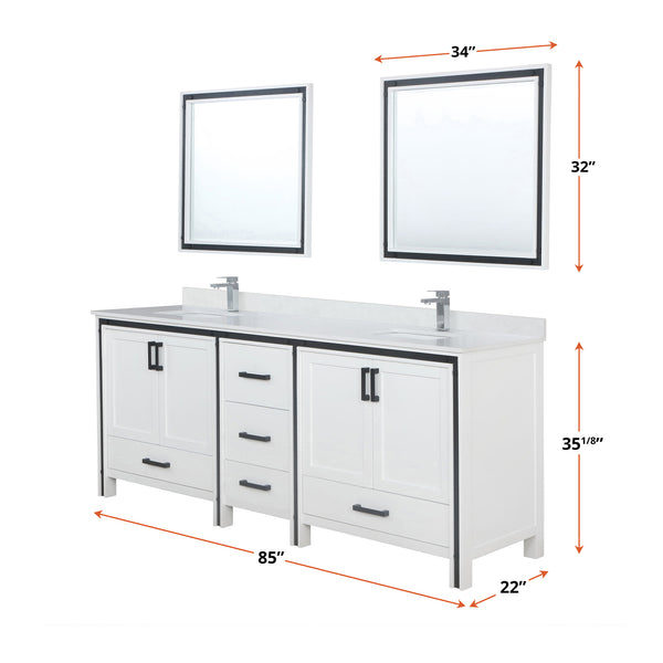 English Elm White Double Bath Vanity 84 in. W x 22 in. D with White Quartz Top, Chrome Faucet & Dual 34" Mirrors Durable B2731S01135