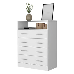 English Elm Lagos Four Drawer Dresser with Spacious Open Shelf and Superior Top, Light Grey Finish, Modern Storage Solution White 47 L x 22 W x 4 H B128S00098
